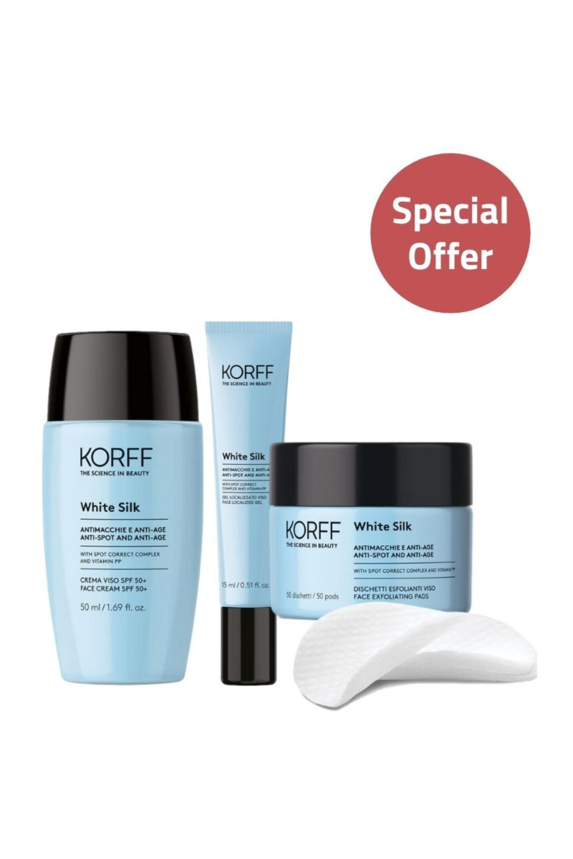 KORFF WHITE SILK FACE KIT ( FACE CREAM + LOCALIZED GEL + EXFOLIATING PADS)